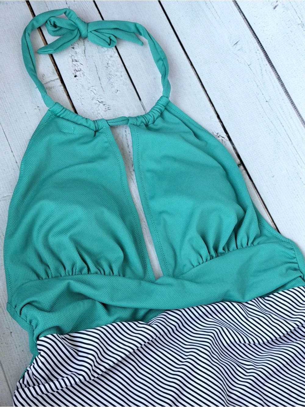 Teal Halter One-Piece Swimsuit with Navy Striped Waist - Women Swim